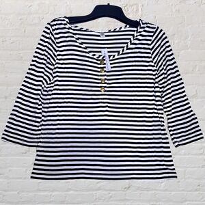 Maria Gabrielle Linen‎ Blend Striped Top Petite L 3/4 Sleeves Nautical Boat NWT